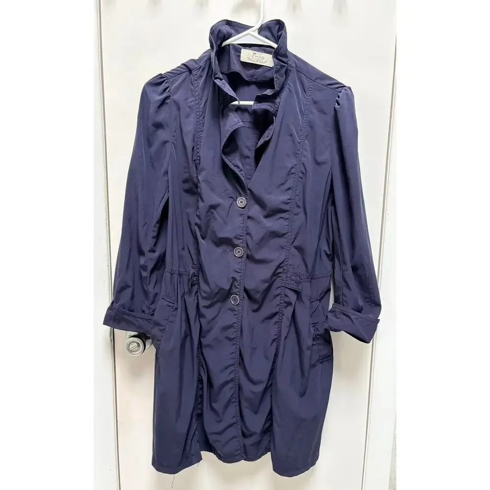 Navy Blue Ruffle Neck Bubble Hem Trench Coat Dress Jacket M - Picture 2 of 11